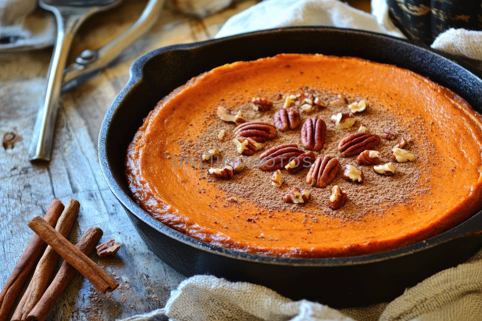 A creamy pumpkin pie topped with chopped pecans and a sprinkle of cinnamon rests in a cast iron skillet. The rustic setting features wooden textures and warm tones.