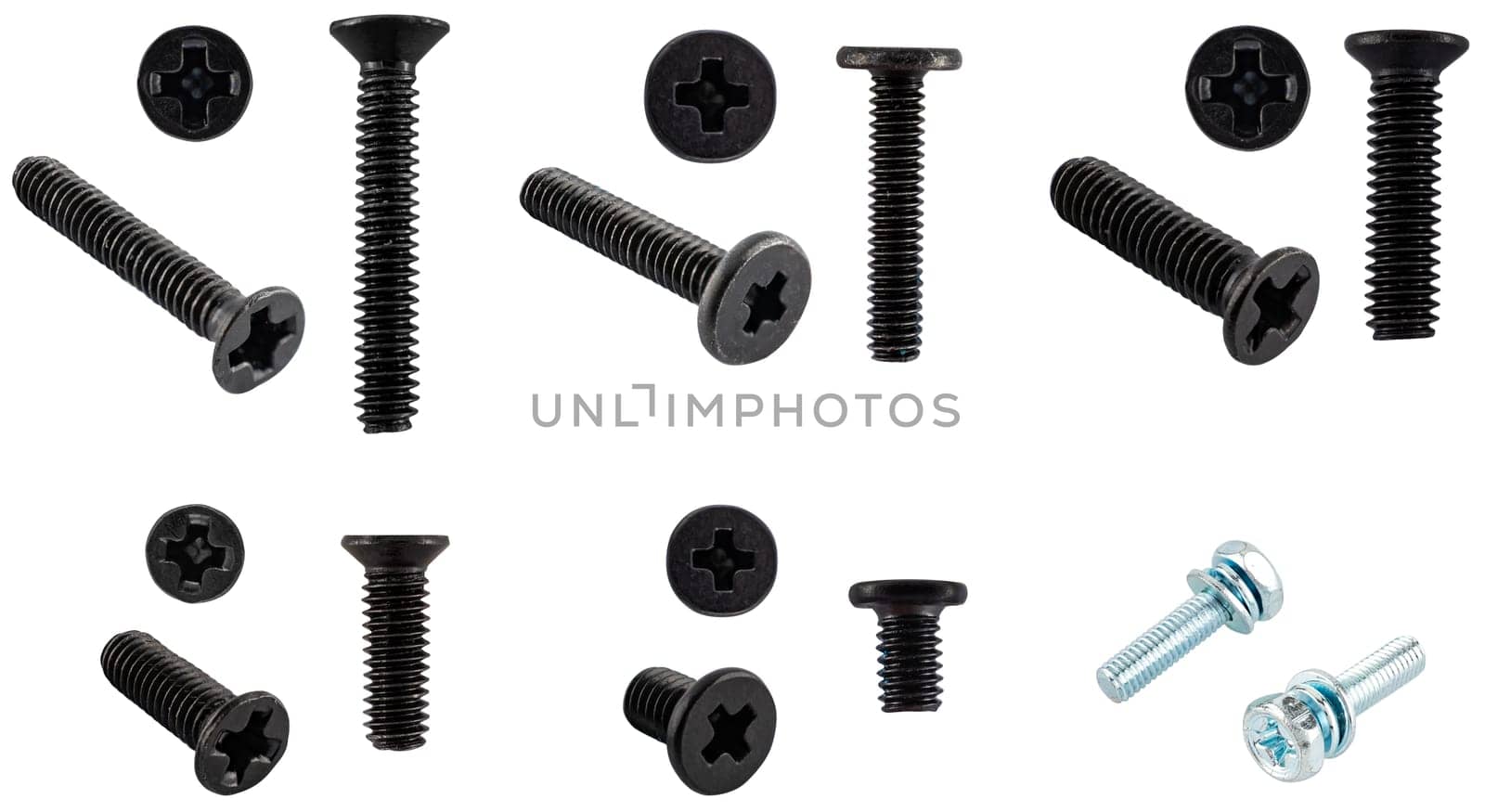 Phillips screwdriver threaded bolts, insulated on white background.