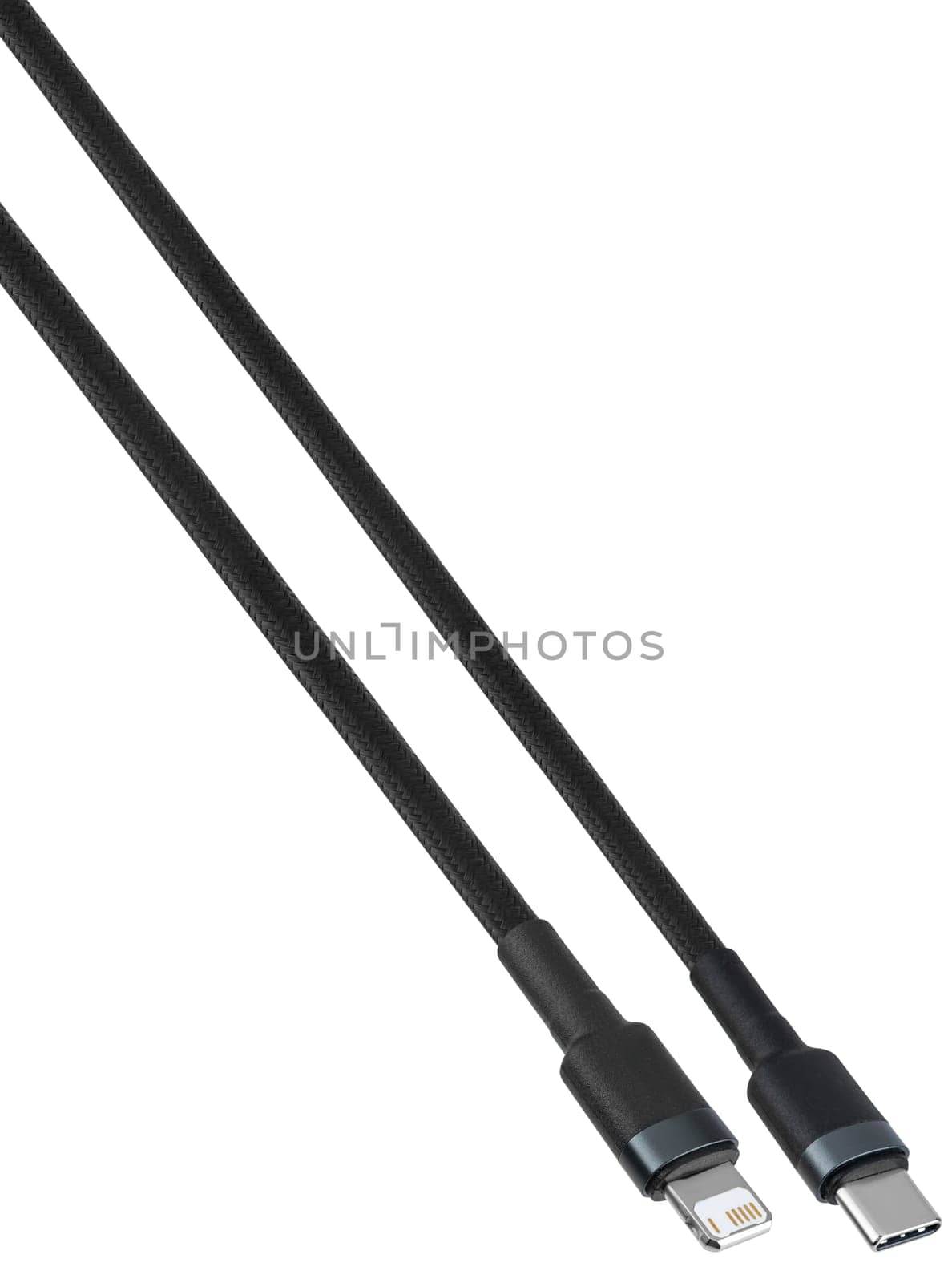 Cable with Lightning and USB connectors, presented on a white background.