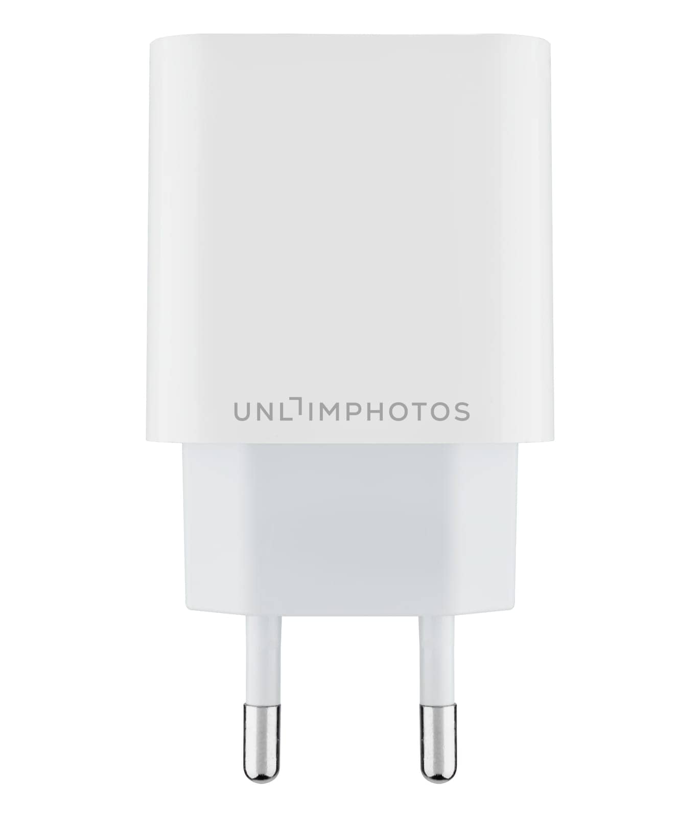 White mains power adapter on white background. Compatible with most mobile devices and gadgets.