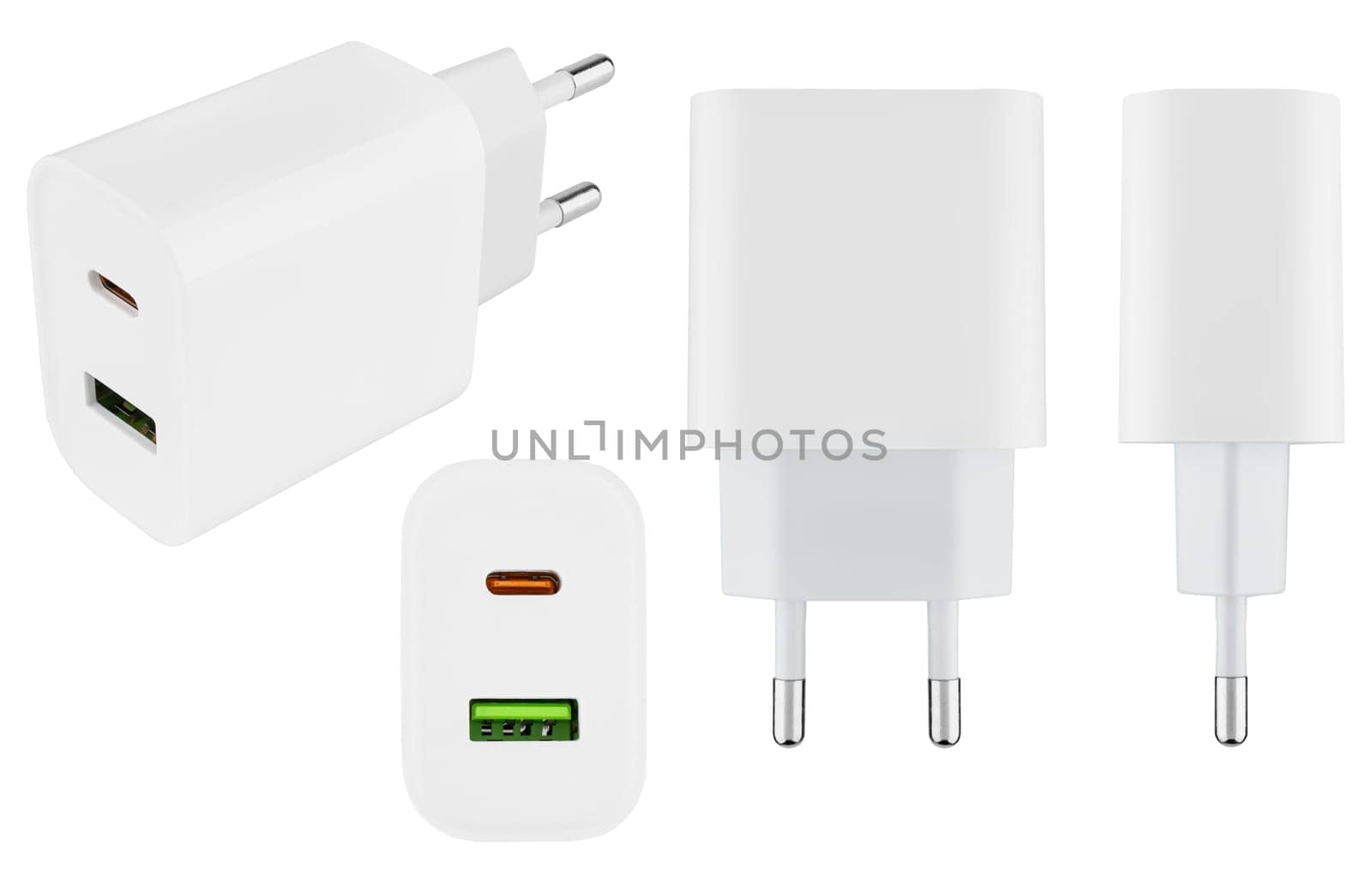 White mains power adapter on white background. Compatible with most mobile devices and gadgets.