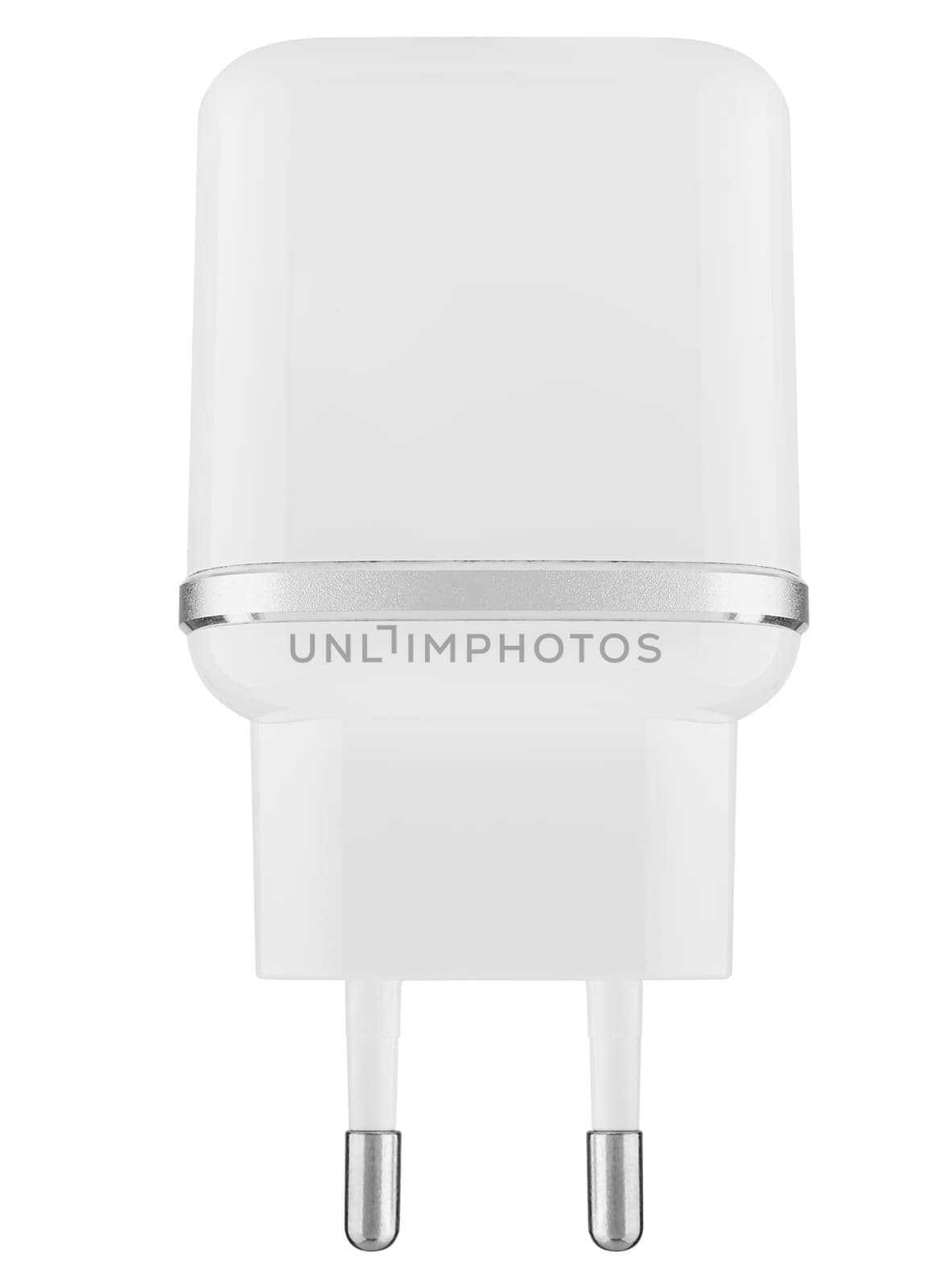 White adapter with universal USB charging connector. Compatible with all modern mobile devices.