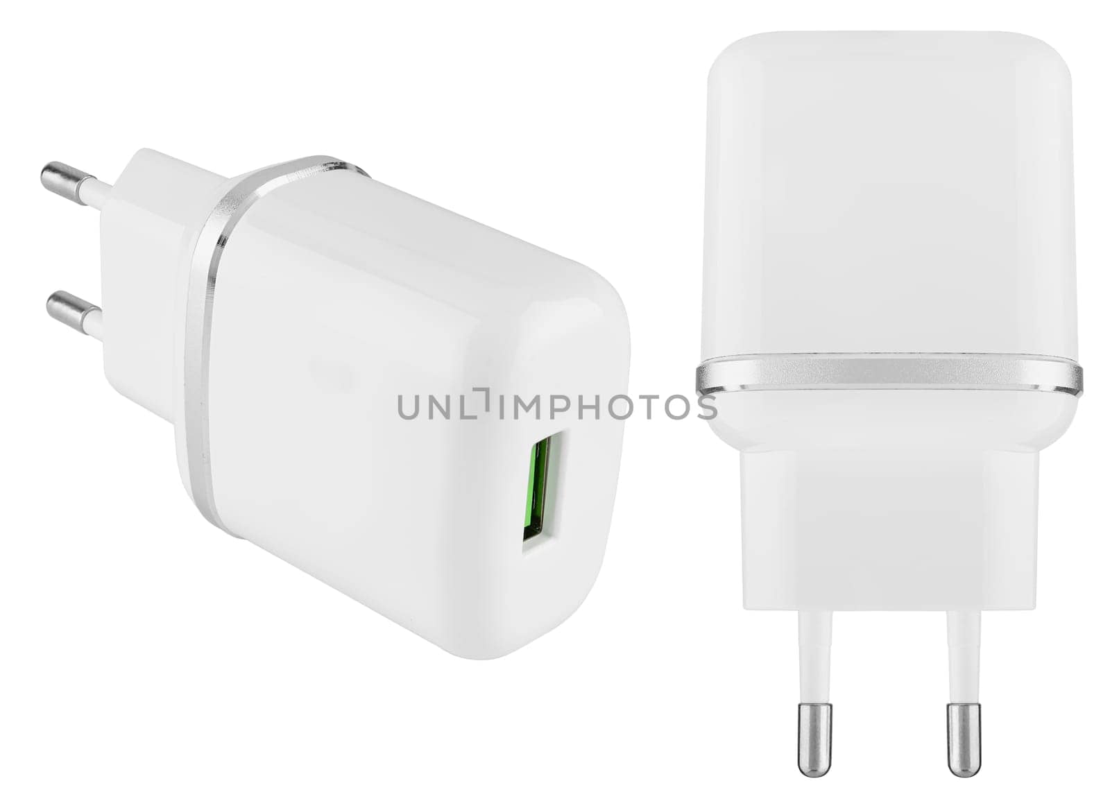 White adapter with universal USB charging connector. Compatible with all modern mobile devices.
