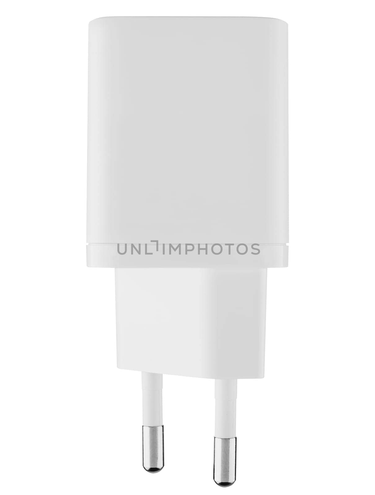 White power adapter with white color on white background. Fast charging for smartphones, tablets and other devices.