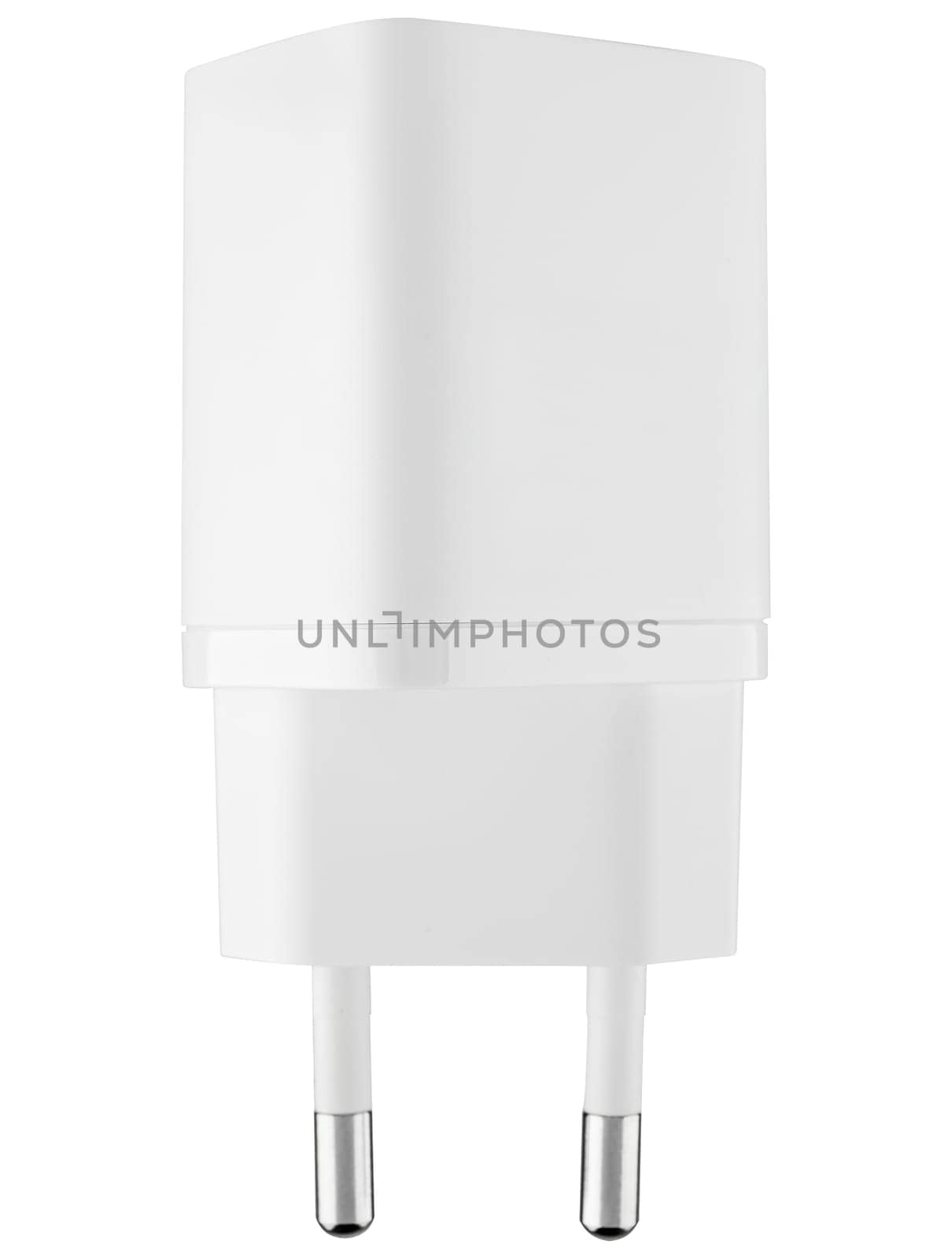 White power adapter with white color on white background. Fast charging for smartphones, tablets and other devices.