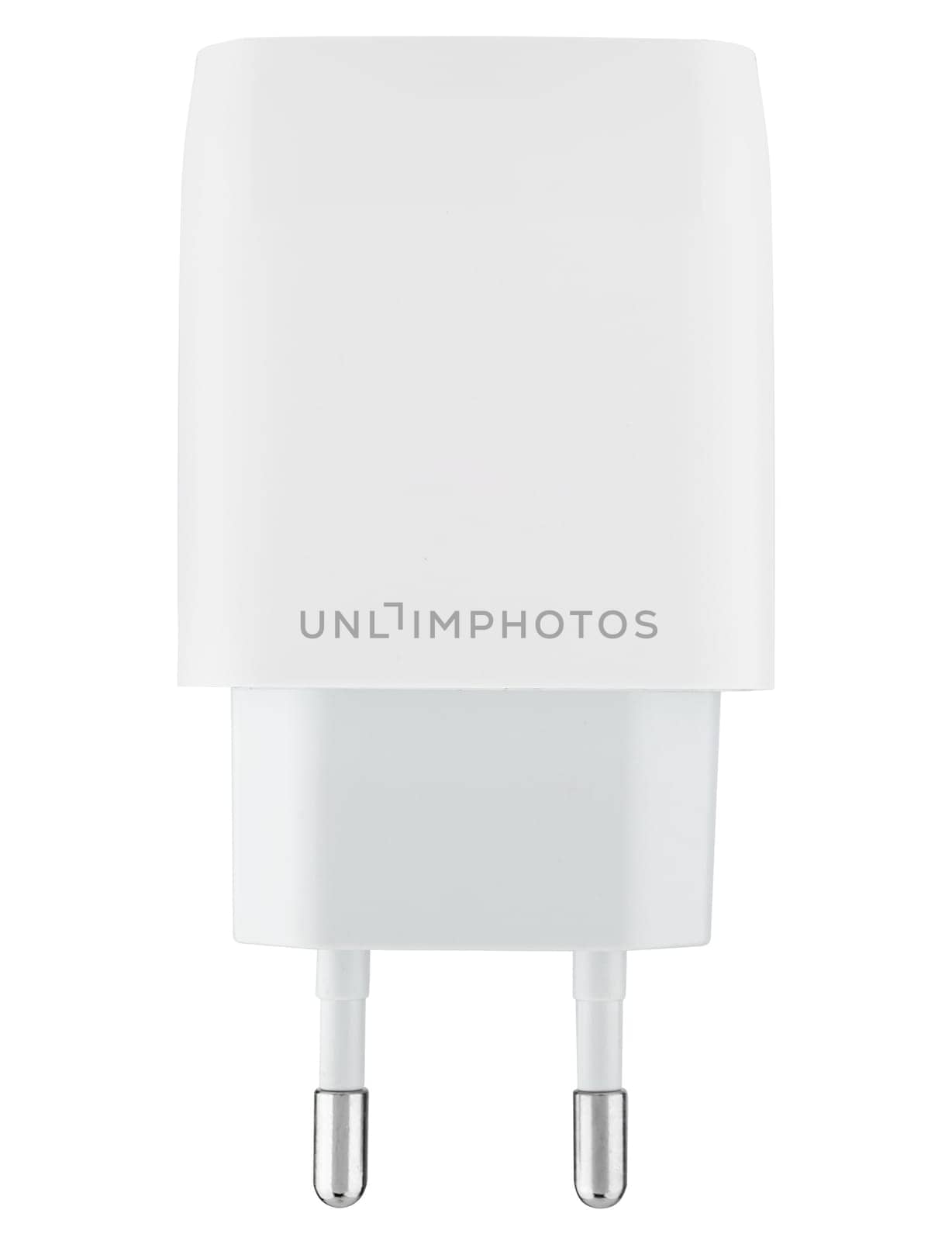 White mains power adapter on white background. Compatible with most mobile devices and gadgets.