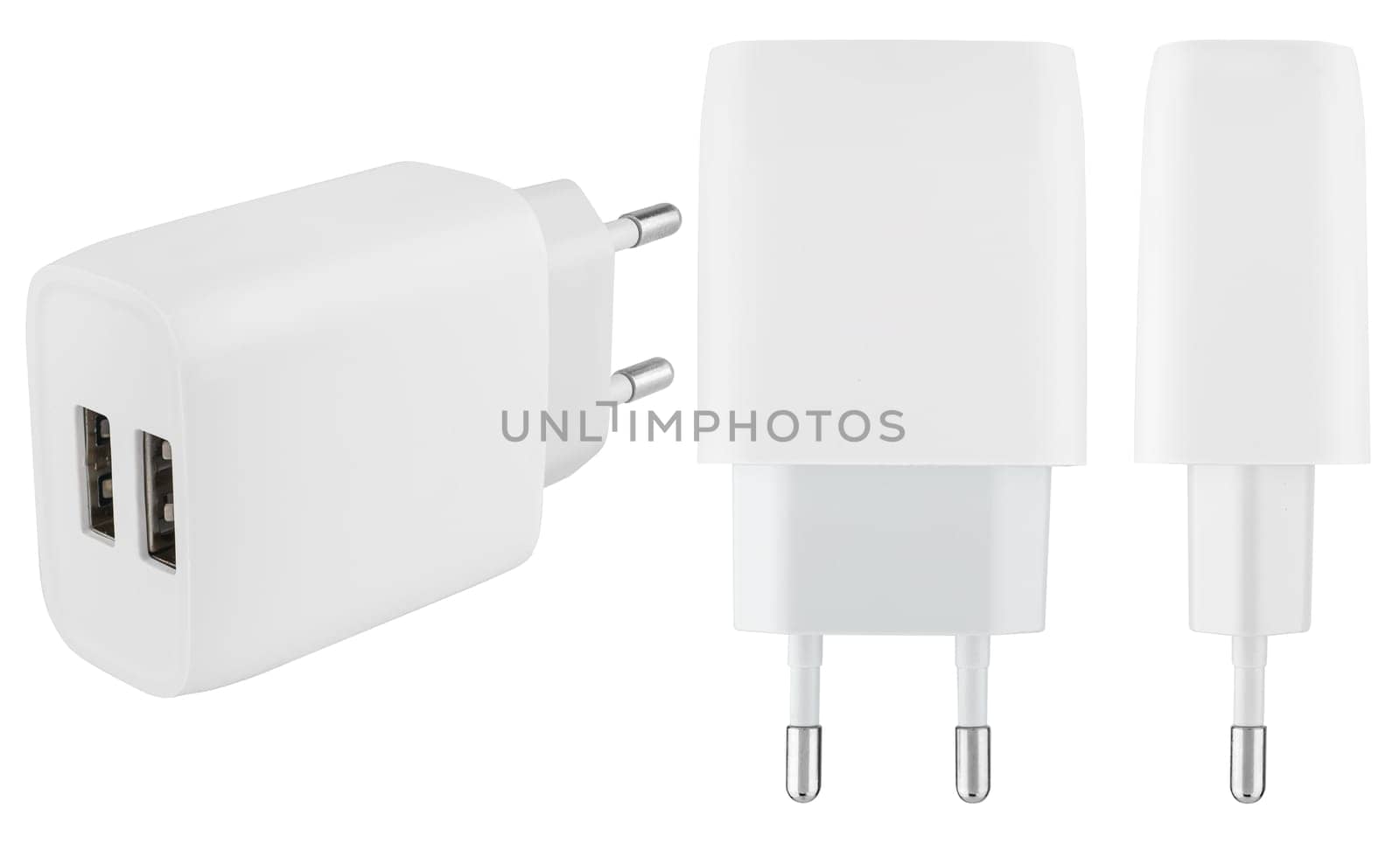 White mains power adapter on white background. Compatible with most mobile devices and gadgets.
