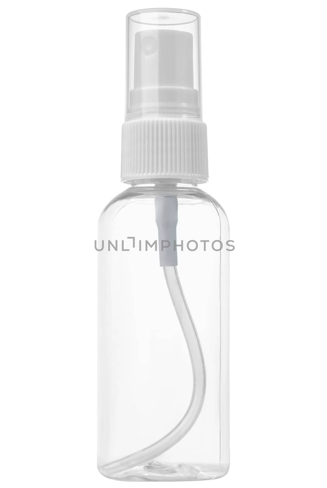 Clear plastic spray bottle with sprayer on white background. Perfect for cosmetics, cleaning or plants.