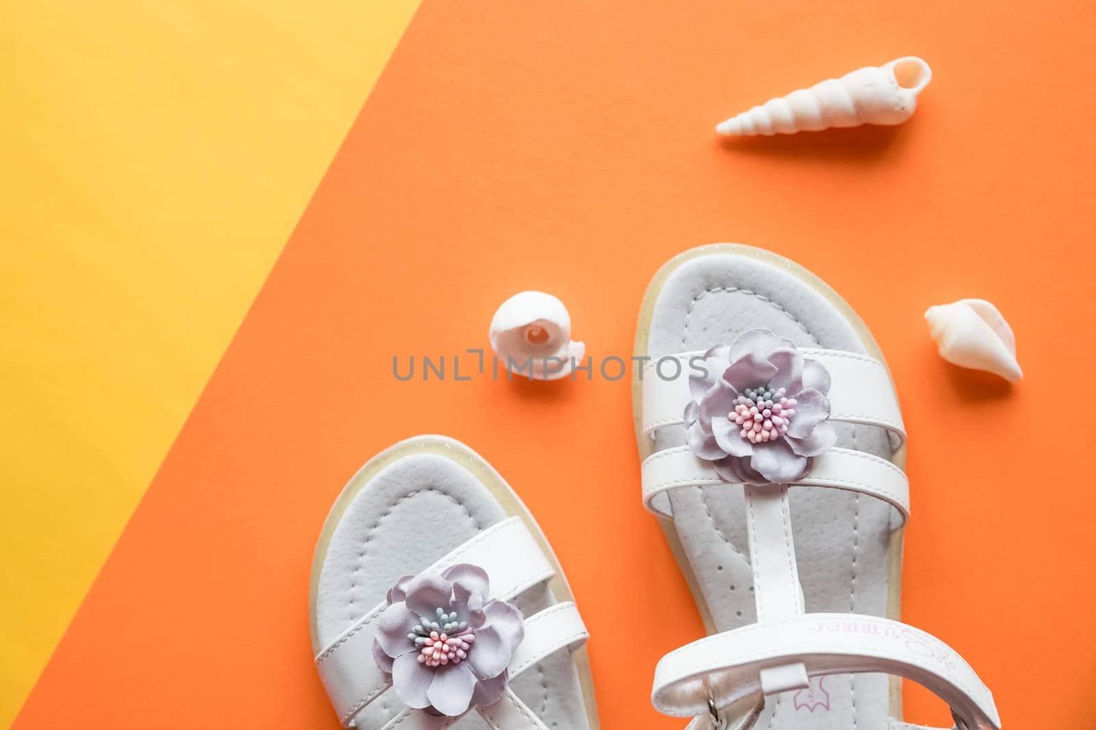 Pair of cute baby sandals on color background, top view
