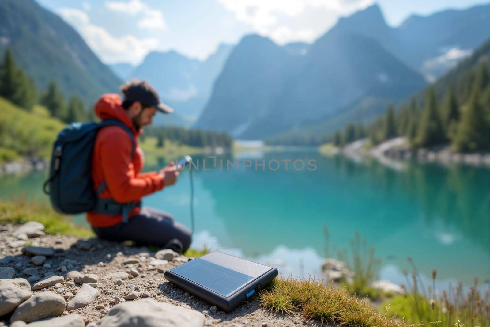 A person in a red jacket sits by a tranquil mountain lake, using a smartphone while surrounded by beautiful natural alpine scenery. Generative AI.