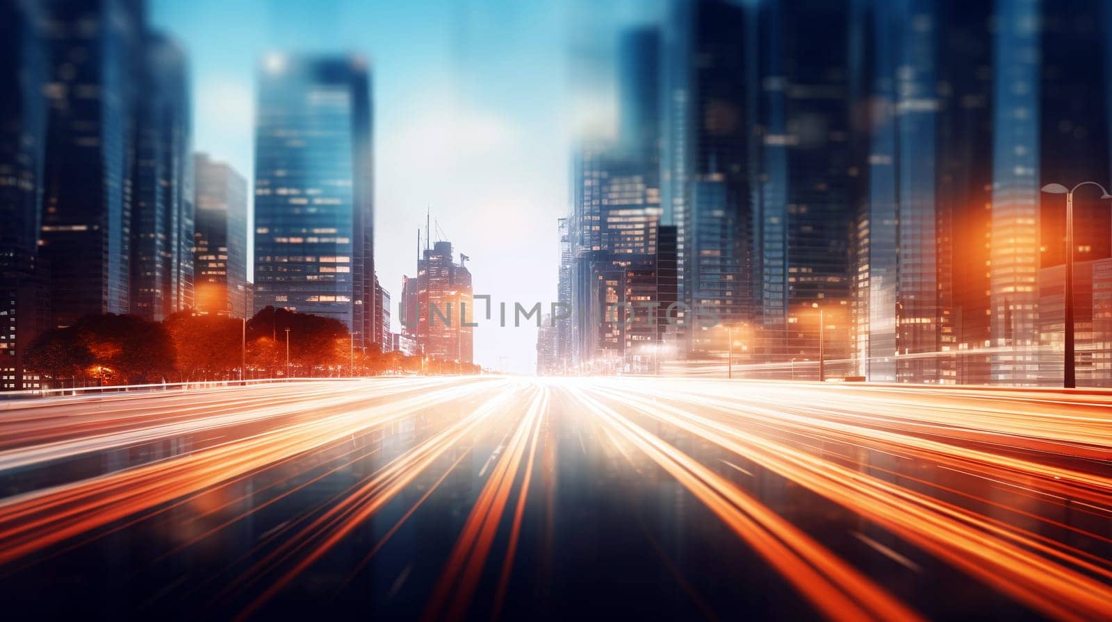Bright light motion trails zip through an urban street as tall skyscrapers rise against a dusky sky. The city buzzes with evening activity and energy - Abstract background - Generative AI.
