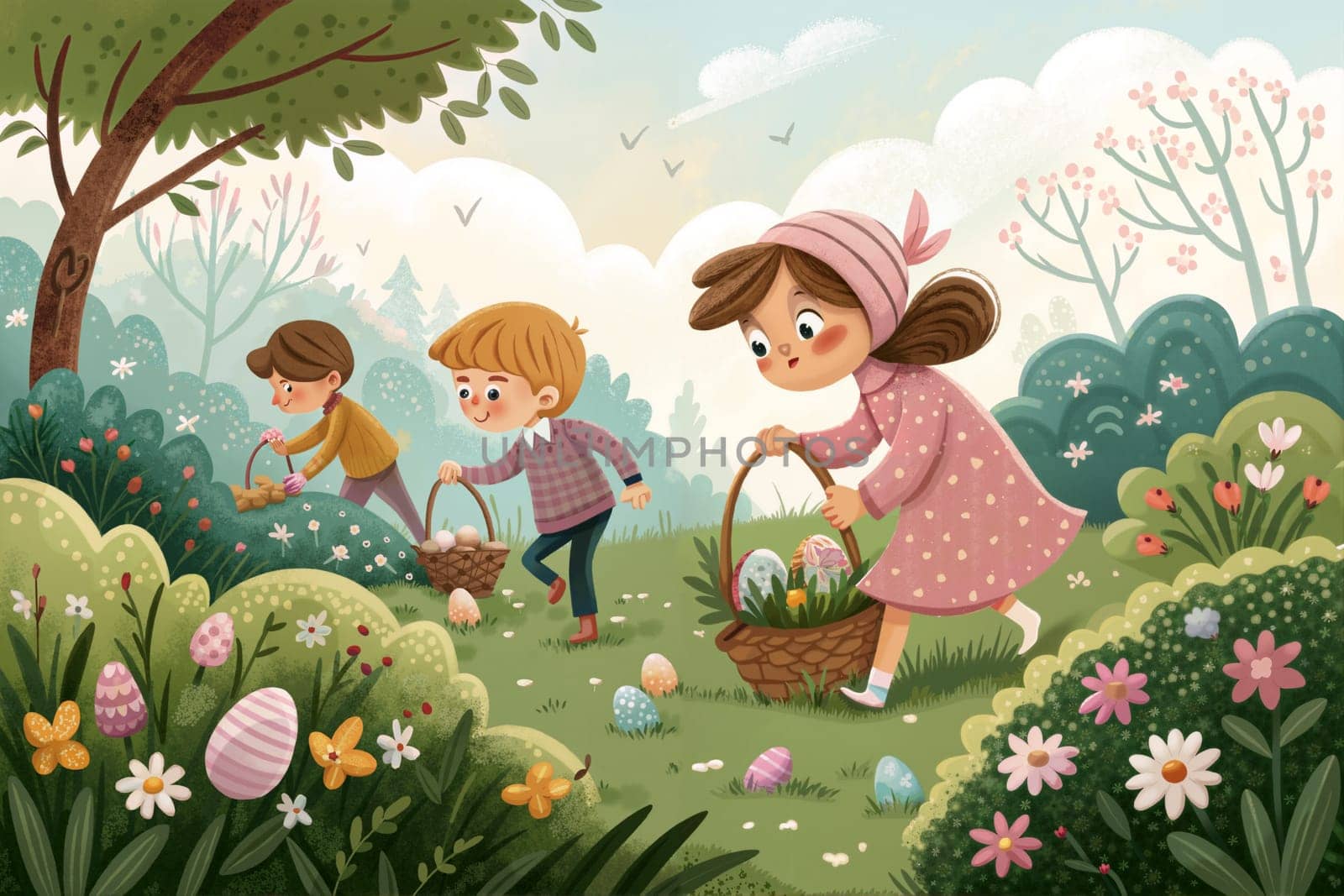 A joyful group of children searches for Easter eggs in a lush garden filled with blooming flowers. They carry baskets and display excitement. Generative AI.
