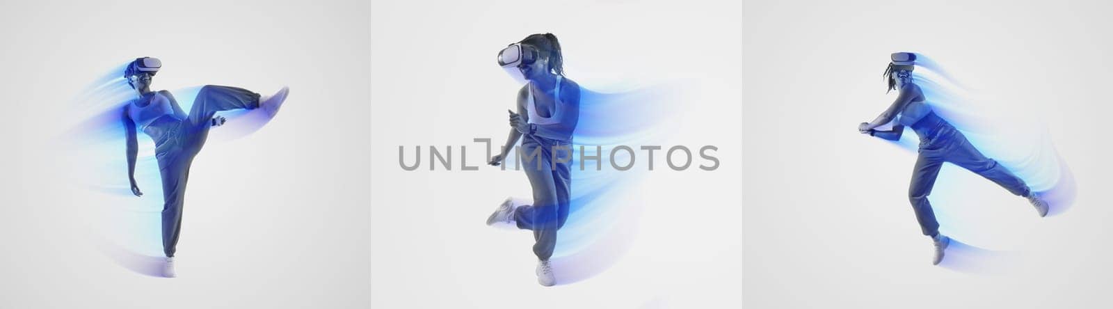Millennials engage in innovative workouts using virtual reality equipment, showcasing athletic movements in a spacious, isolated environment. This promotes a modern approach to fitness.