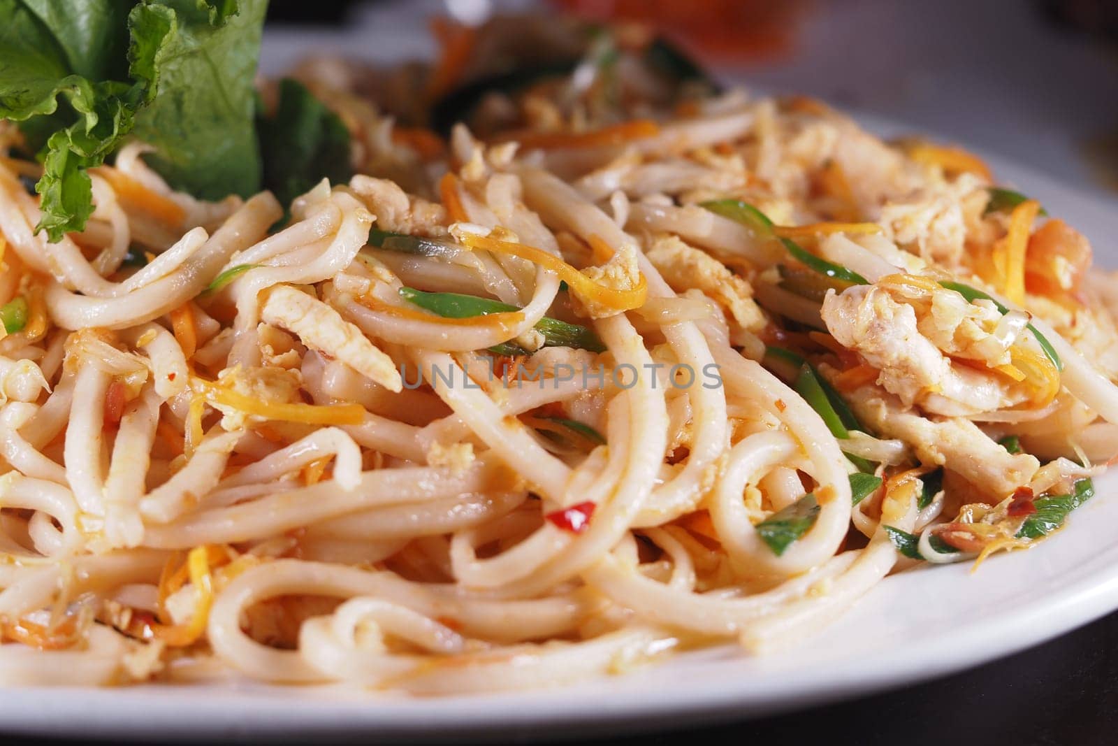 Delicious platter of stir-fried noodles with vegetables and chicken.