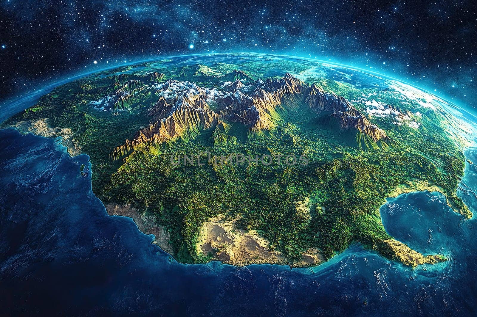 North American continent. Blue space background with stars