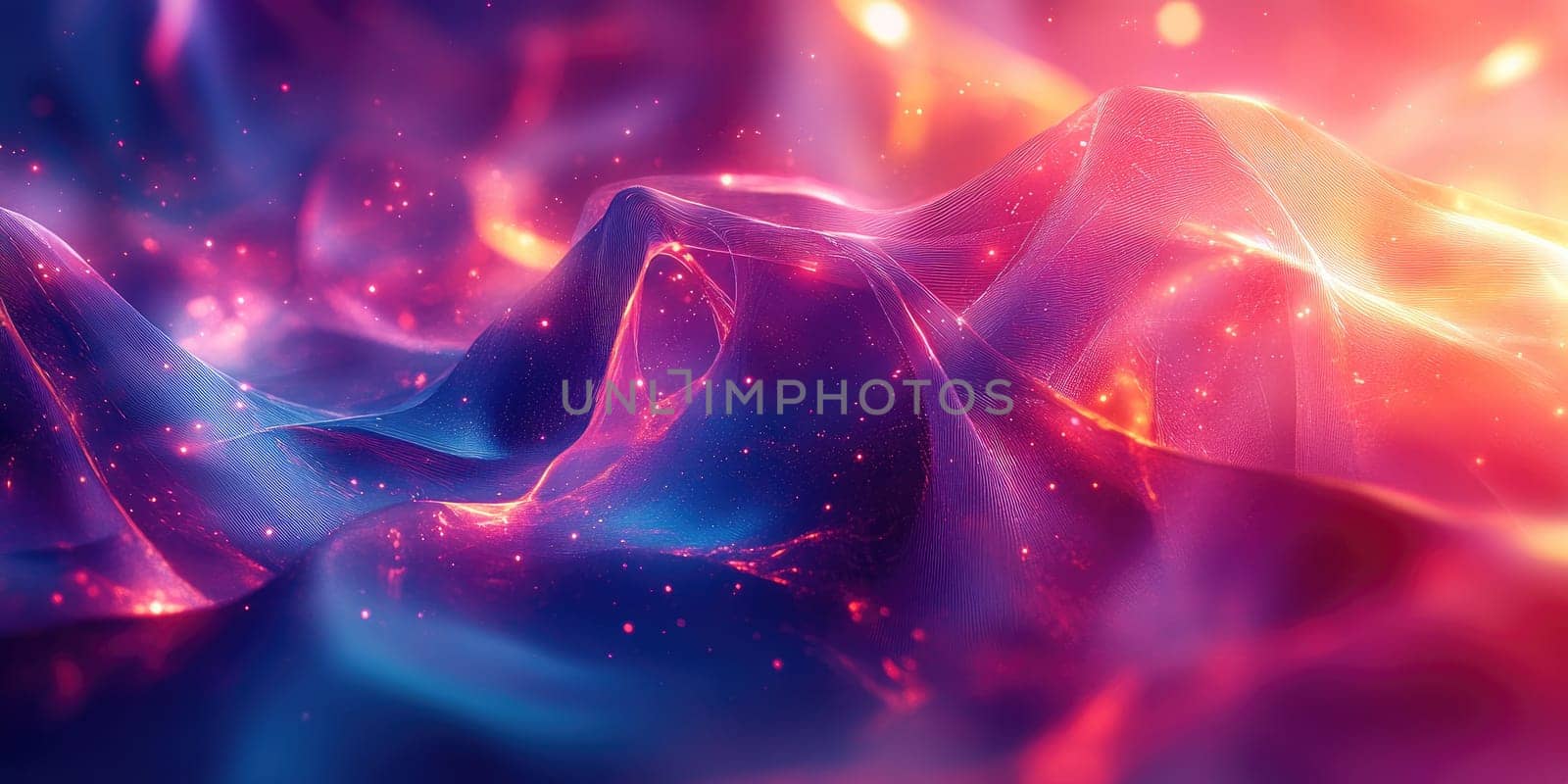 Vibrant waves of color cascade and blend, illuminated by shimmering particles, evoking a sense of depth and movement in a twilight atmosphere.