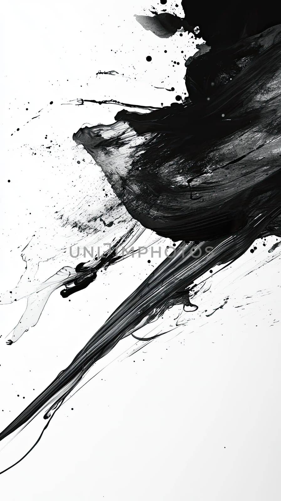 Abstract patterns emerge from black ink splashes on white canvas, showcasing fluid movement and artistic creativity. The contrast emphasizes the dramatic effect of the artwork.