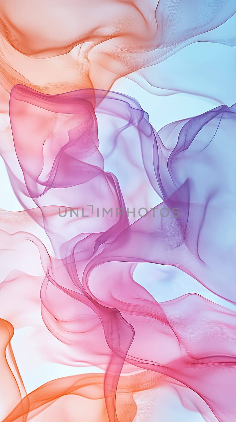 Delicate fabric cascades in an abstract design, displaying a blend of soft pink, purple, and orange hues. The fluid movement evokes a sense of tranquility and elegance.