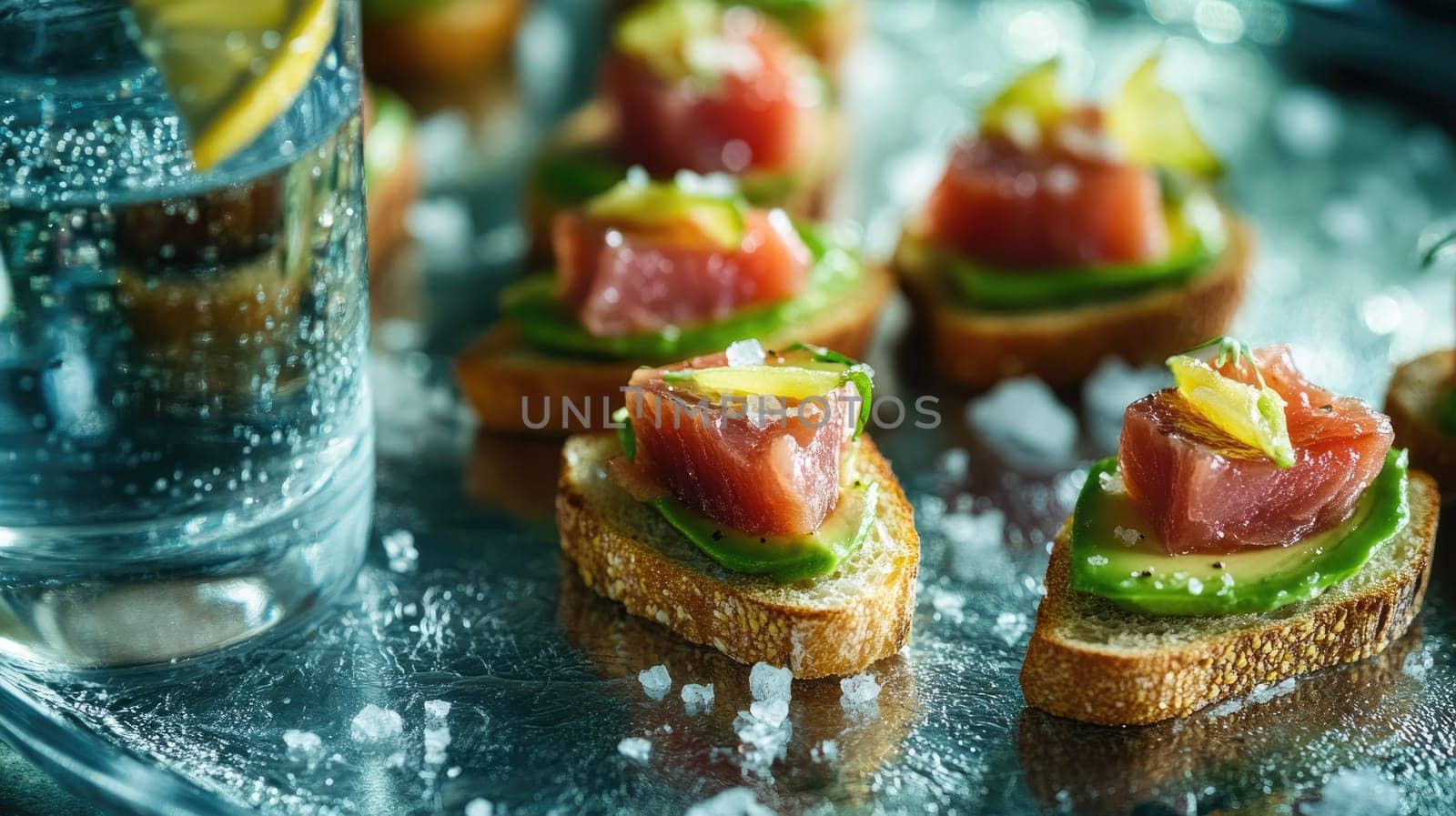 Brightly colored canap s featuring layers of fresh seafood, avocado, and citrus garnishes are elegantly arranged on a silver platter next to a glass of water with lemon.