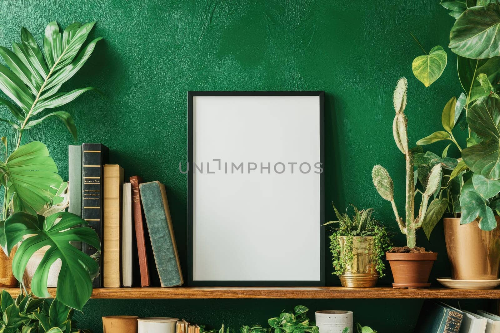 A vibrant green wall serves as a backdrop for a wooden shelf filled with various plants and books. An empty frame awaits art placement, creating a calm and inviting atmosphere.