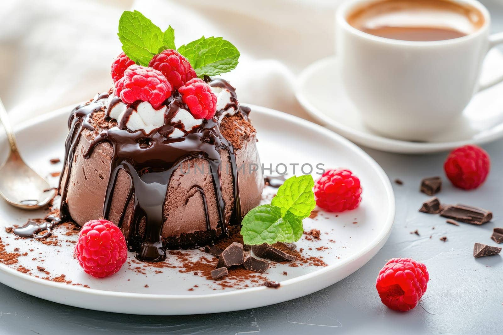 A decadent chocolate dessert topped with whipped cream, fresh raspberries, and mint leaves is paired with a steaming cup of coffee, creating a perfect treat for any time.