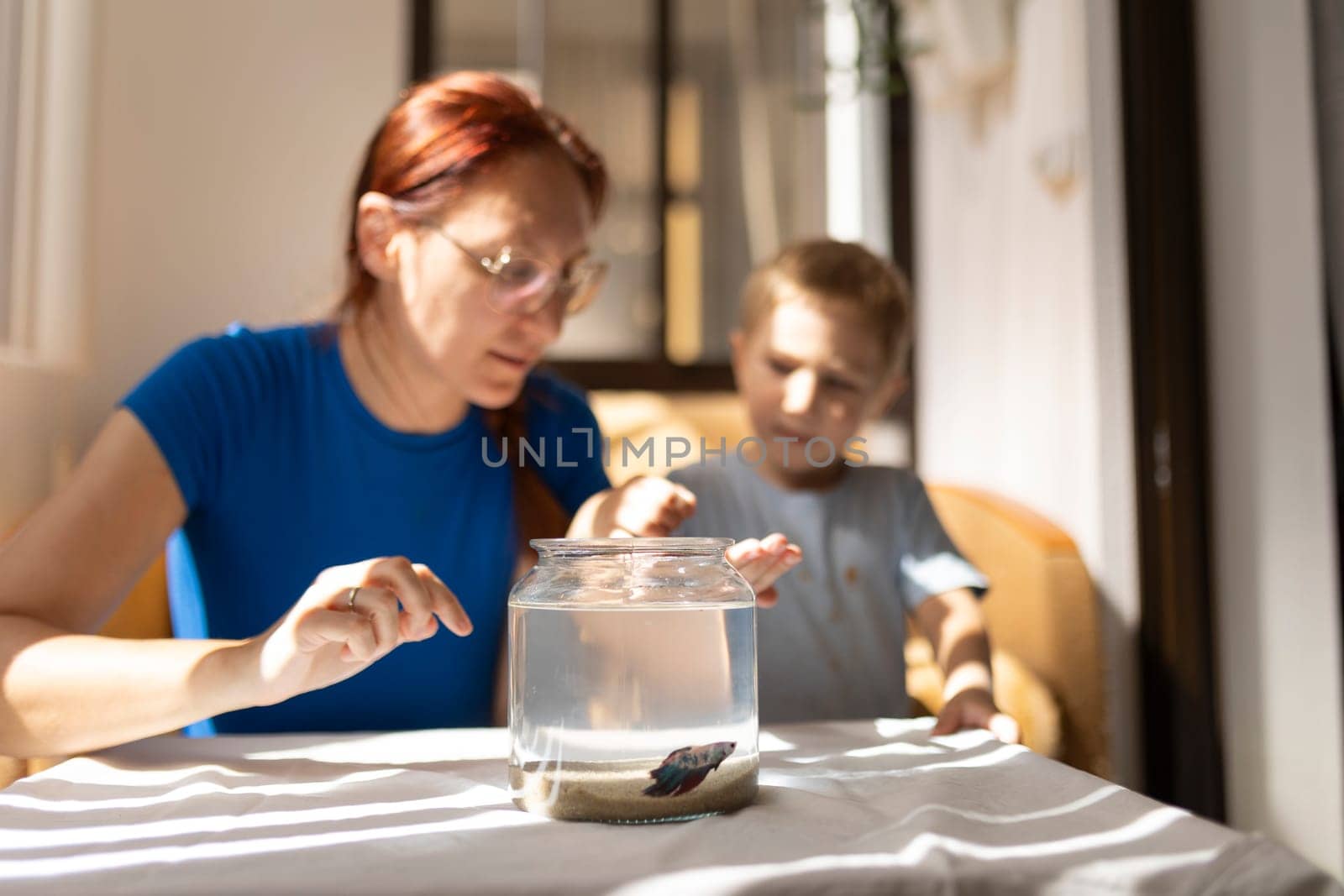 Mother and son observing a colorful betta fish swimming in a glass jar placed on a table, creating a cozy domestic scene