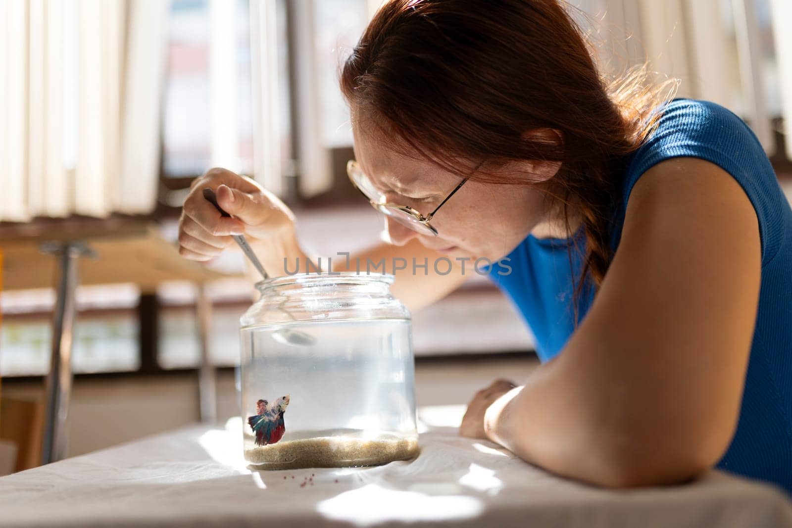 Woman carefully feeding her blue and red betta fish in a glass jar
