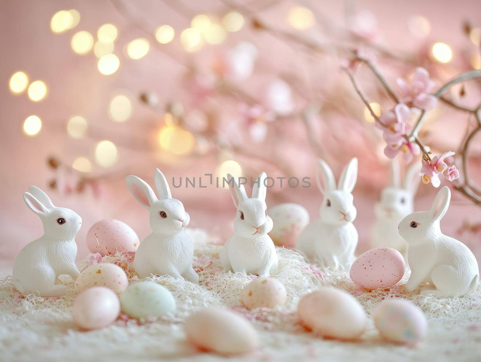 Soft pink Easter scene with decorative bunnies and pastel eggs.
