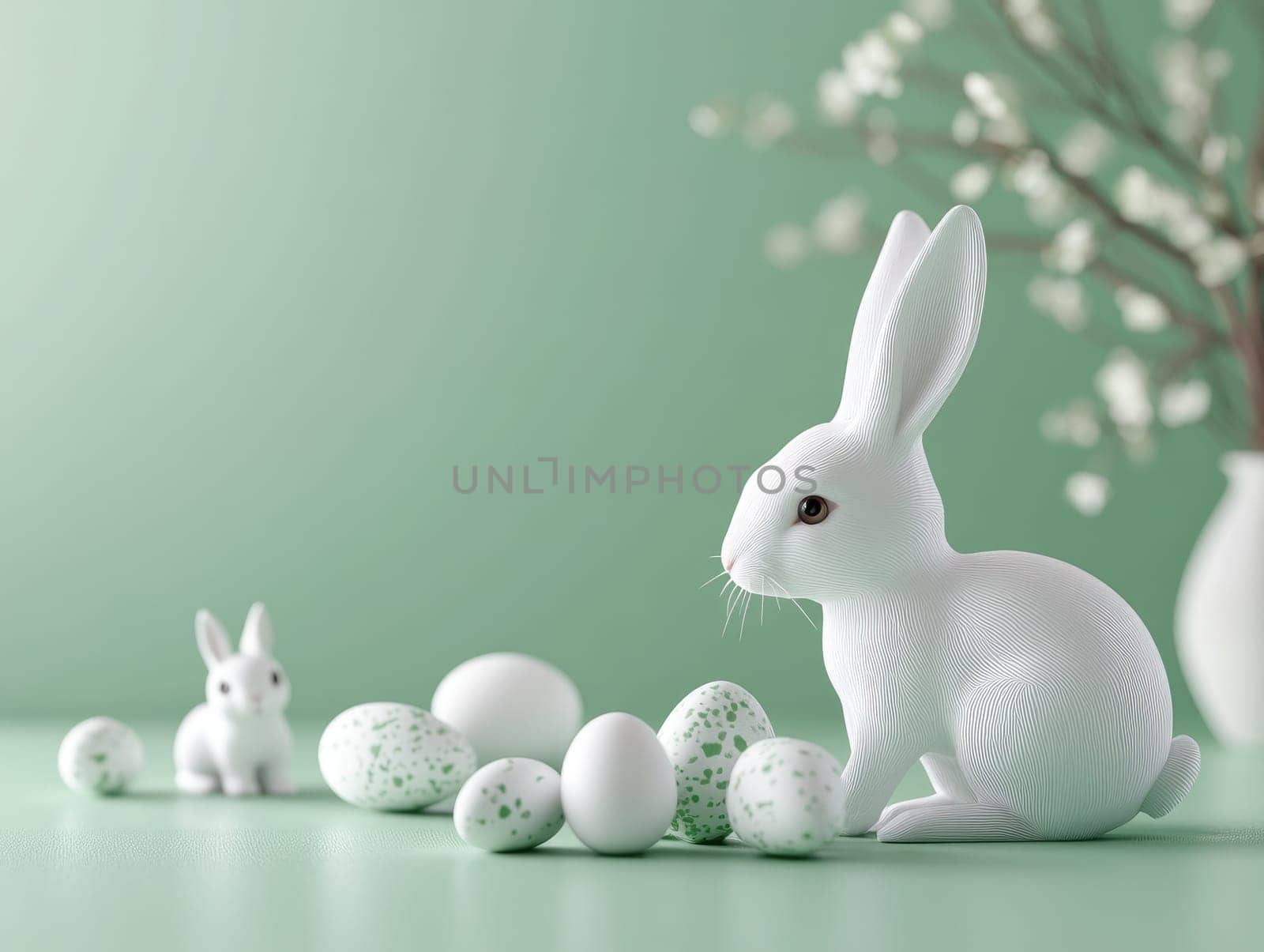 Easter decor with white rabbits and speckled eggs on pastel green background.