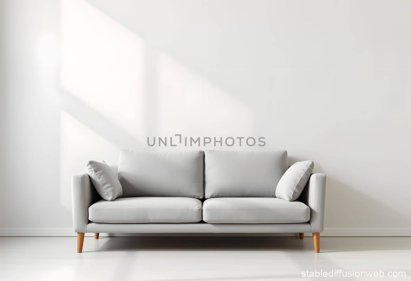 A minimalist living room concept with a gray sofa against a white background. Perfect for interior design, furniture, or lifestyle projects