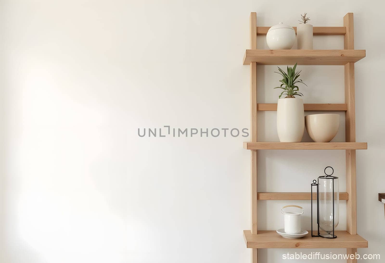 A white background with brown shelves and interior decor items on the right. Perfect for home organization, interior design, or lifestyle themes