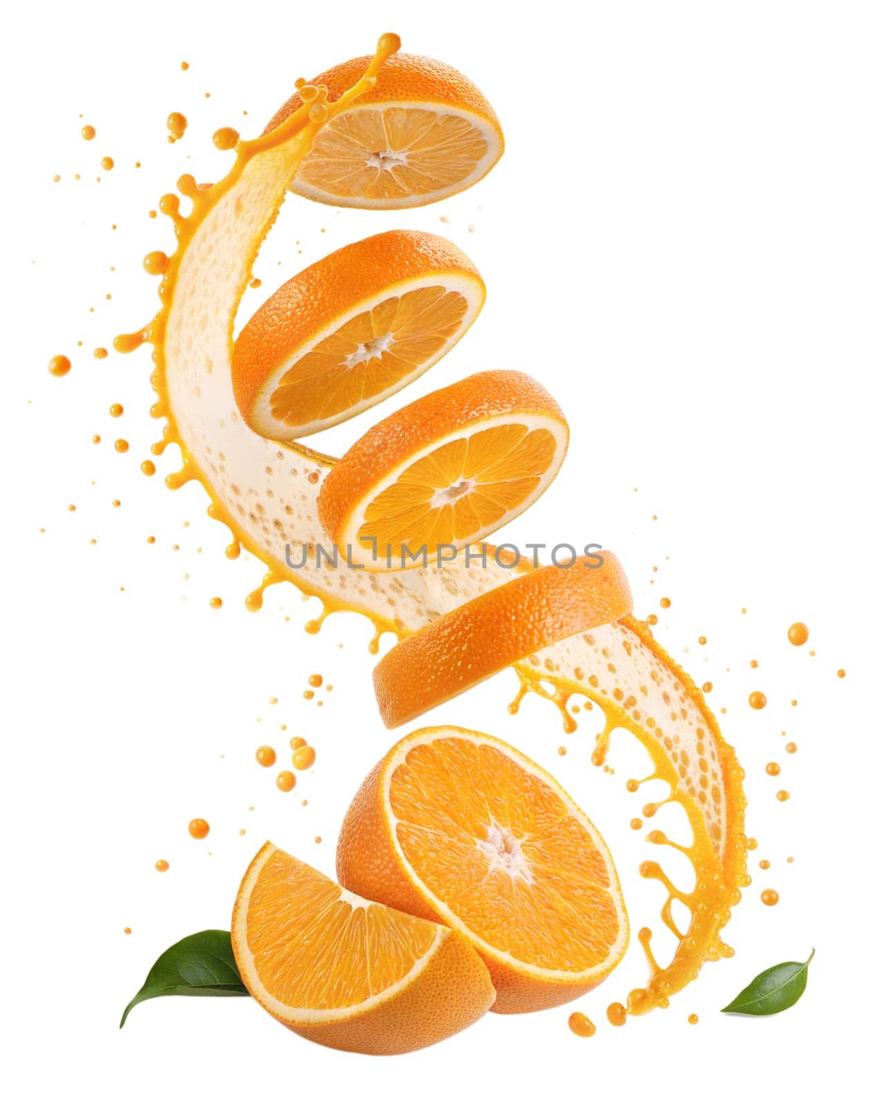 Fresh orange slices with a dynamic juice splash, isolated on white background. Perfect for citrus, refreshing drinks, and healthy food concepts.