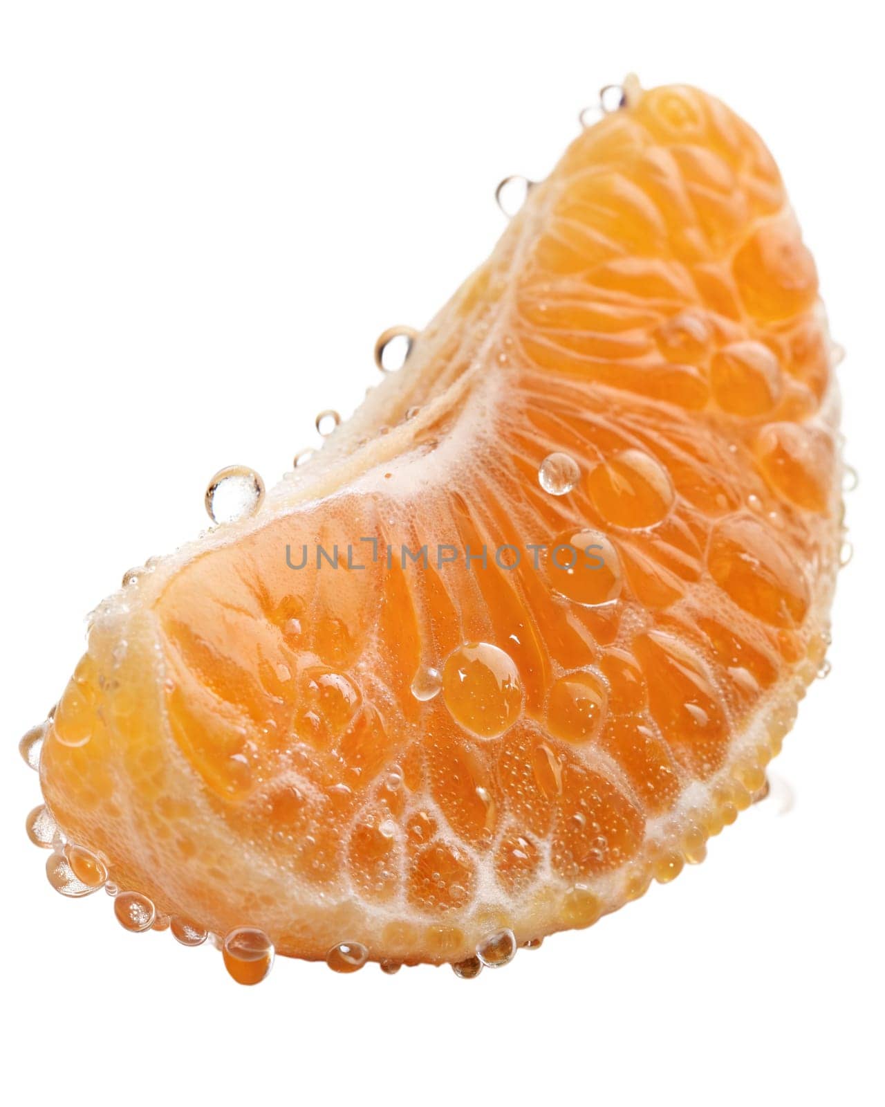 A juicy mandarin segment covered in fresh droplets, isolated on white background. Perfect for food photography, citrus fruits, and vitamin C concepts.
