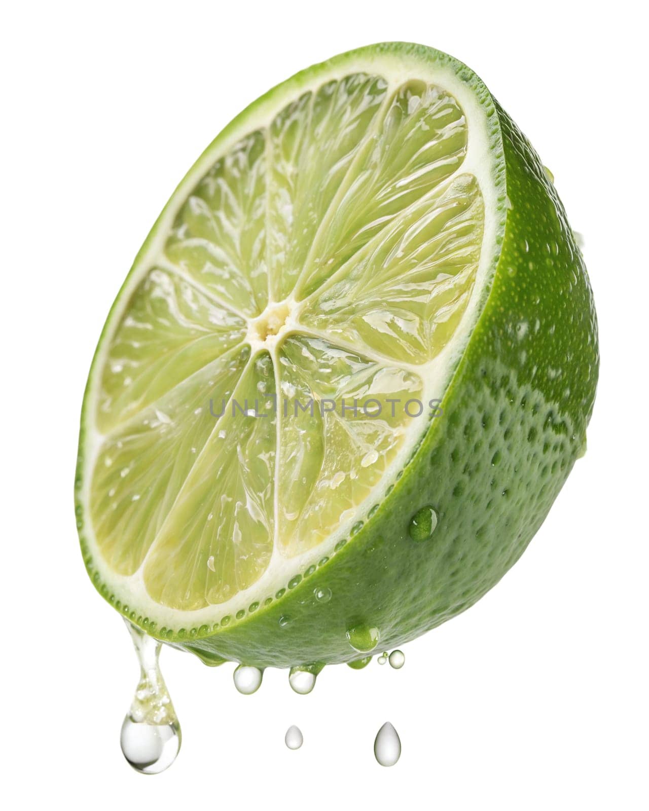 A juicy half-cut lime with vibrant green pulp and fresh juice droplets, isolated on white background. Perfect for citrus fruit, fresh food, and tropical concepts.
