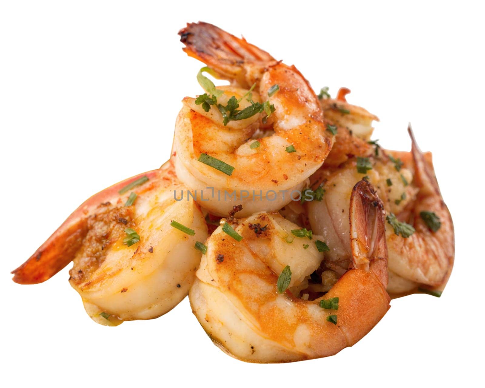 Juicy grilled shrimp with a golden-brown sear, coated in garlic butter sauce and garnished with fresh herbs, isolated on white background. Perfect for seafood menus, gourmet cuisine, and culinary photography.