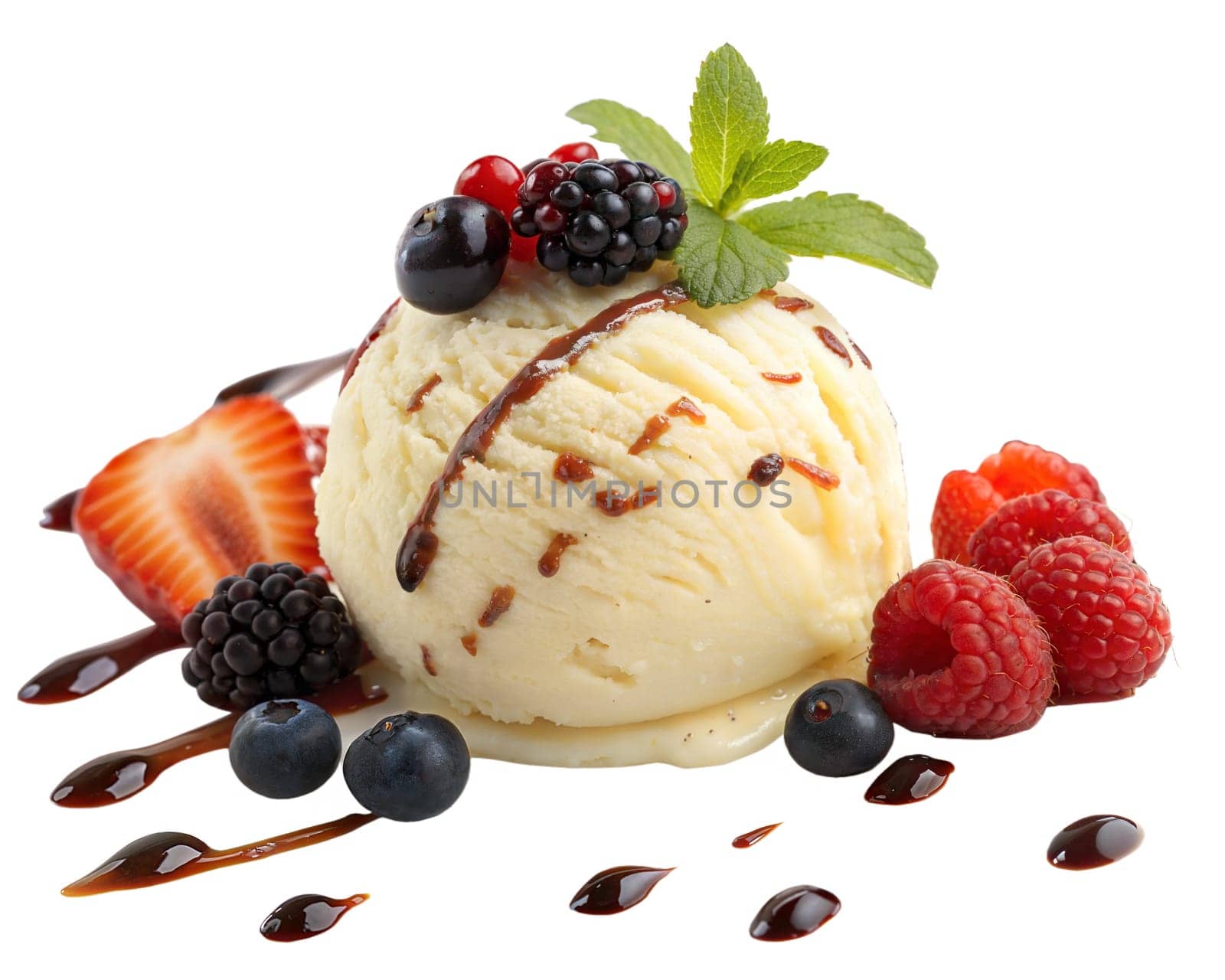 A delicious scoop of vanilla ice cream drizzled with chocolate sauce, garnished with fresh raspberries, blueberries, and mint, isolated on white background. Perfect for dessert, food photography.