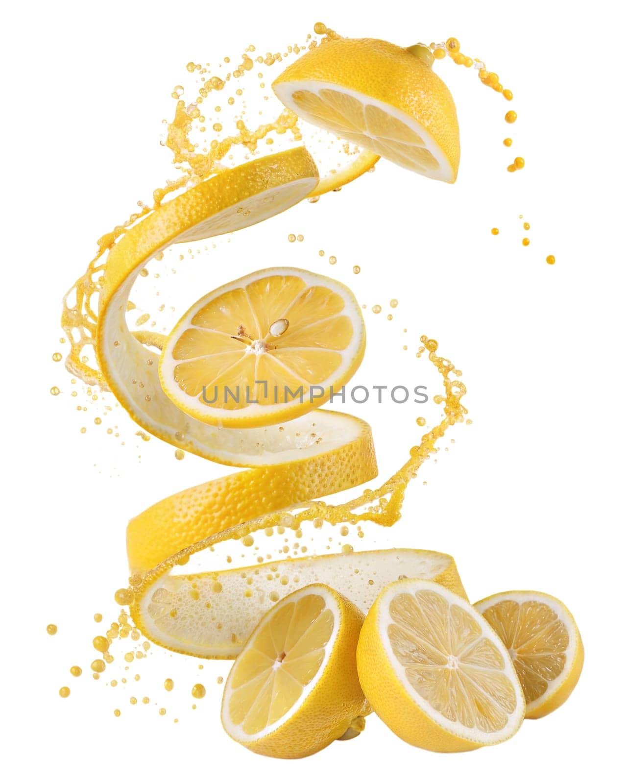 Fresh lemon slices with a dynamic juice splash, isolated on white background. Perfect for citrus, refreshing drinks, and healthy food concepts.