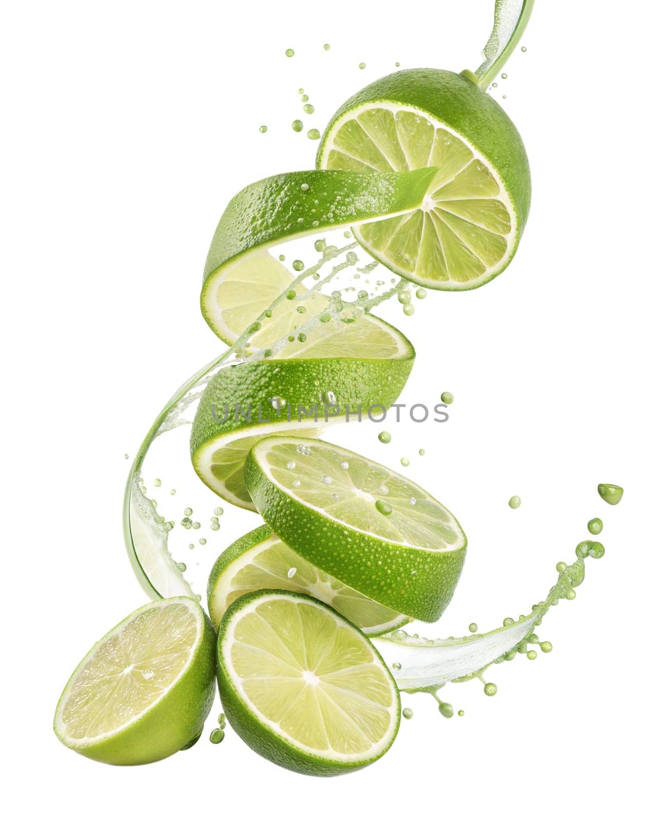 Fresh lime slices with a dynamic juice splash, isolated on white background. Perfect for citrus, refreshing drinks, and healthy food concepts.