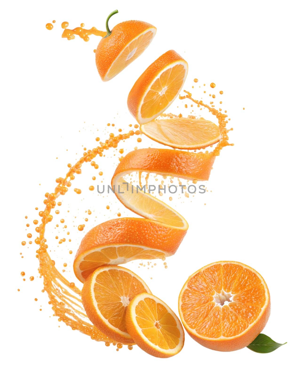 Fresh orange slices with a dynamic juice splash, isolated on white background. Perfect for citrus, refreshing drinks, and healthy food concepts.
