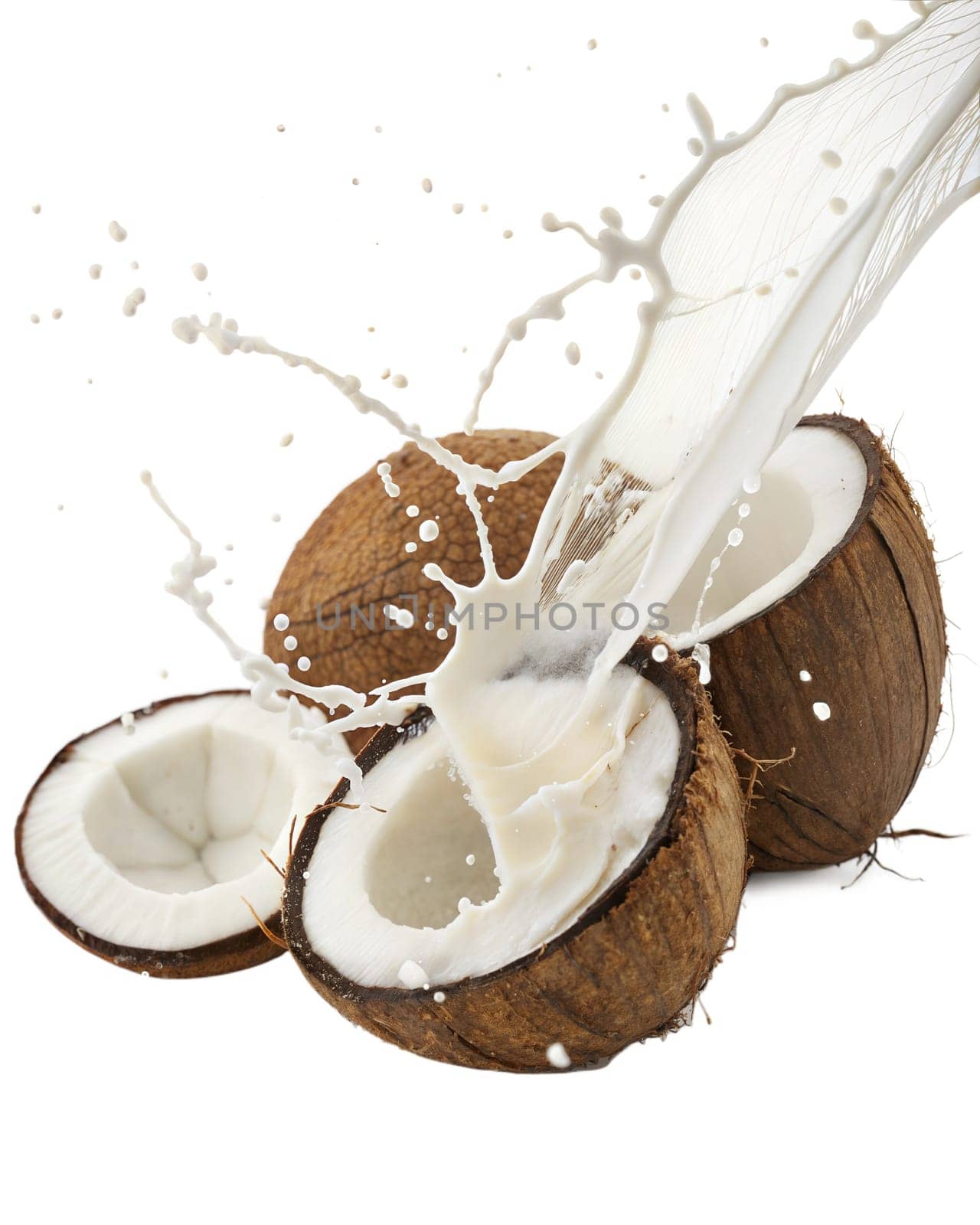 Cracked open coconut with fresh coconut milk splashing, isolated on white background. Perfect for tropical food, exotic drinks, and healthy diet concepts.