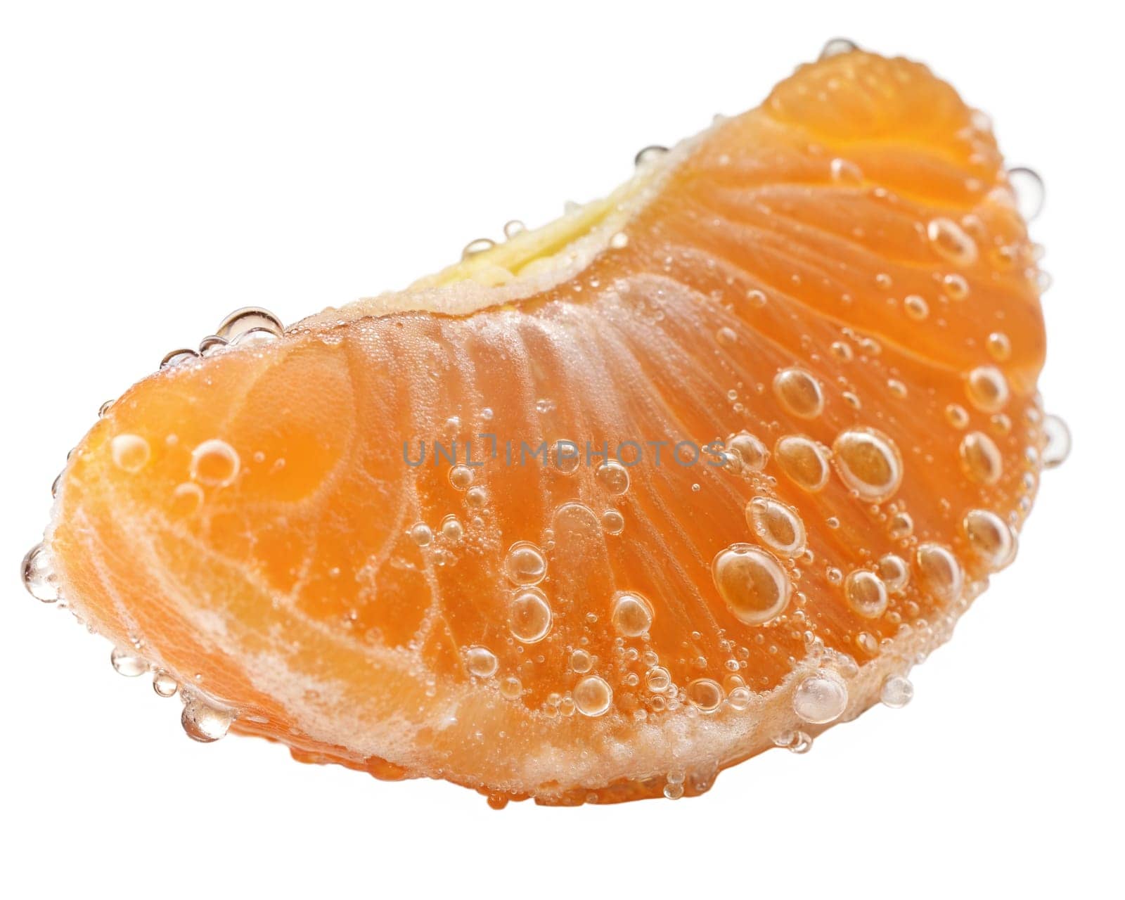 A juicy mandarin segment covered in fresh droplets, isolated on white background. Perfect for food photography, citrus fruits, and vitamin C concepts.
