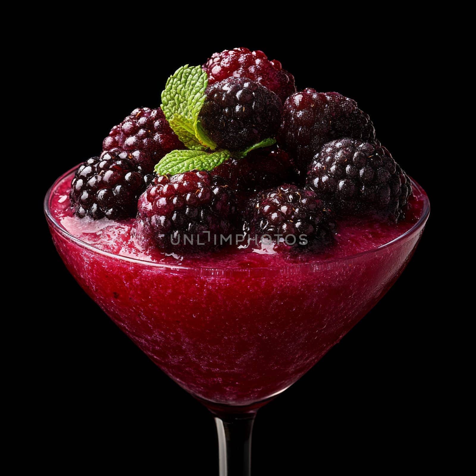 A lavish alcohol cocktail presented elegantly in a martini glass stands out against a dark background, filled with vibrant, crushed berries and garnished with fresh mint leaves for a refreshing touch.