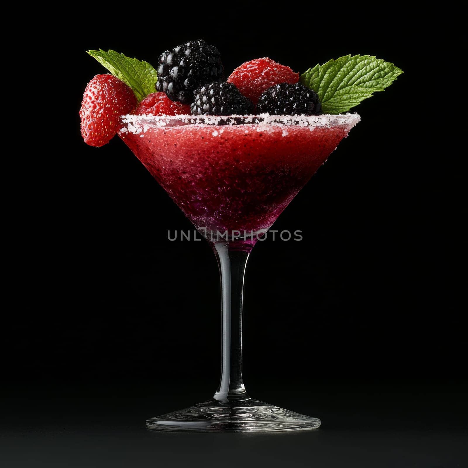 A stunning cocktail in a martini glass boasts a deep berry color, topped with fresh raspberries and blackberries.