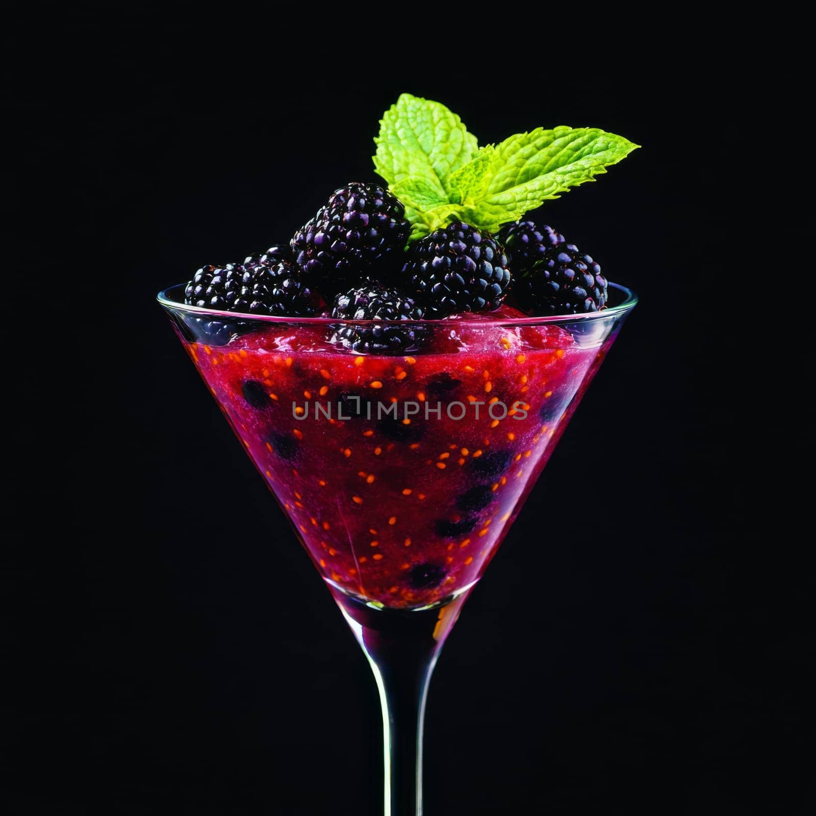 A vibrant alcohol cocktail served in a sleek martini glass is topped with fresh blackberries and mint leaves.