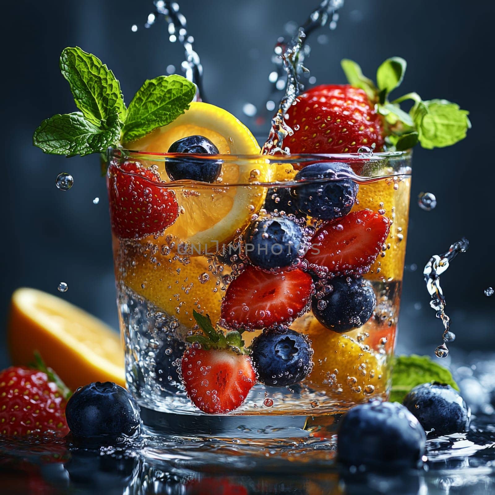 Vibrant citrus and berries create a refreshing blend in a glass of healthy infused sparkling water, with droplets splashing and mint leaves adding a fresh touch. Enjoy this delightful drink.