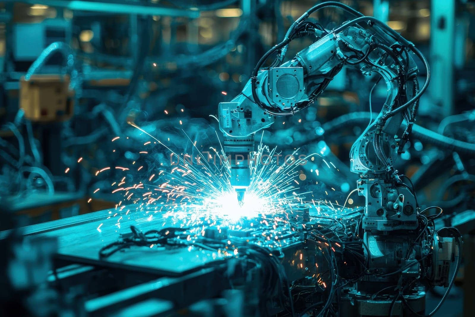 A robotic arm is engaged in a welding task inside a large industrial facility. Bright blue sparks illuminate the workspace as metal components are joined, showcasing advanced manufacturing technology.