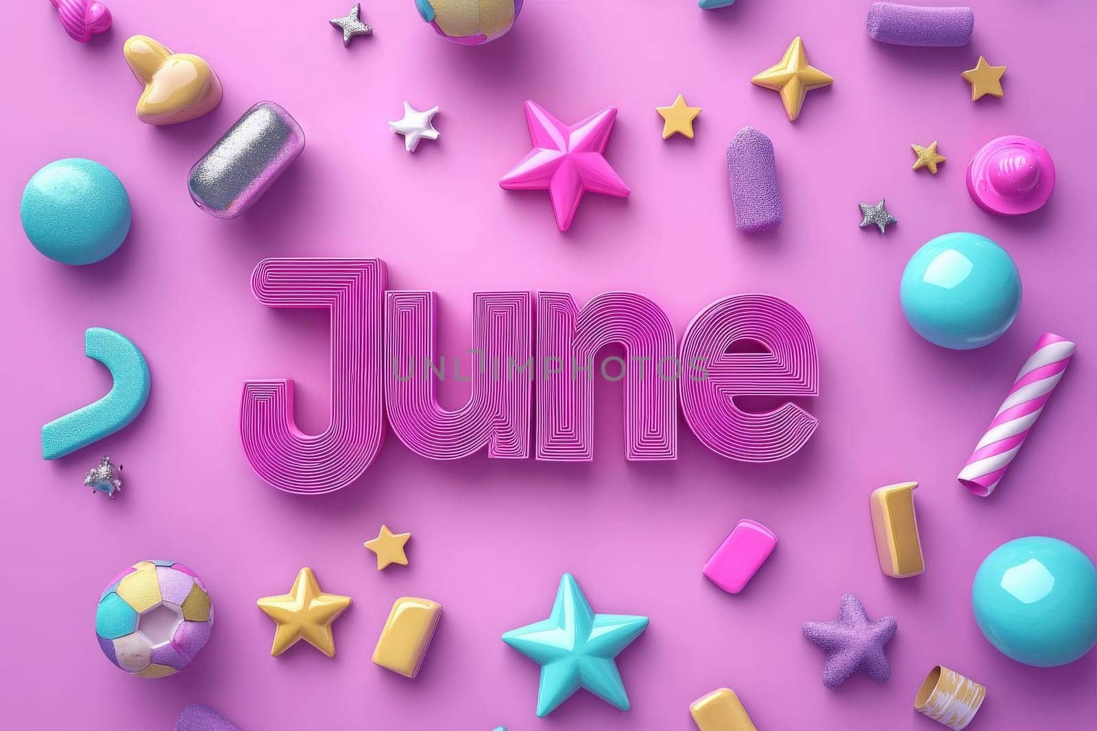 Bright and vibrant June decorations arranged on a soft pink background. Various playful shapes and textures surround the bold lettering, creating a cheerful and festive atmosphere perfect for summer.