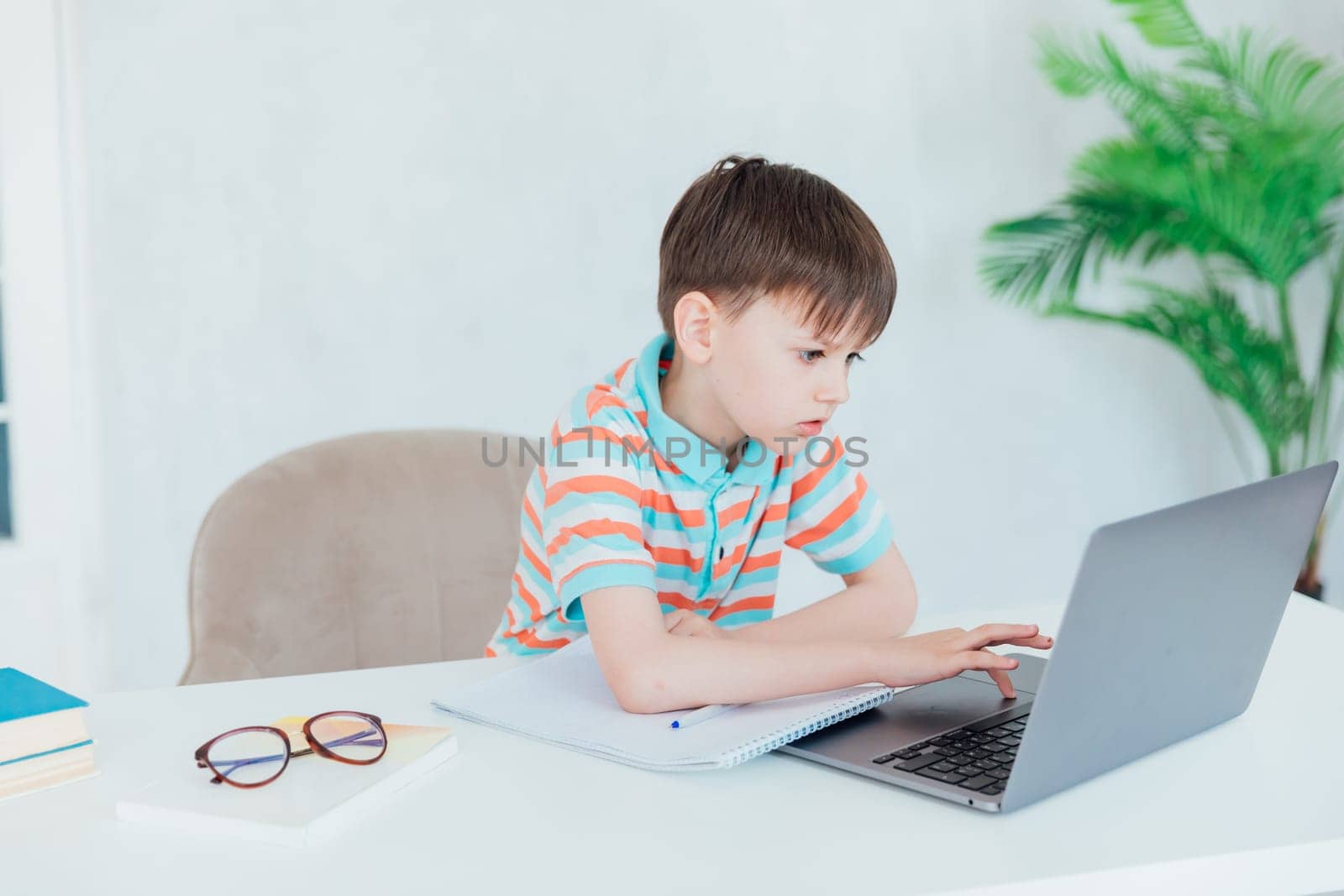 Boy at the table with laptop learning games
