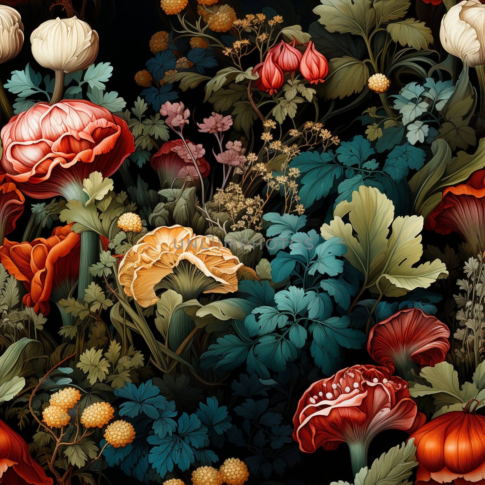 Mushrooms in the autumn forest seamless pattern tile, created with generative AI