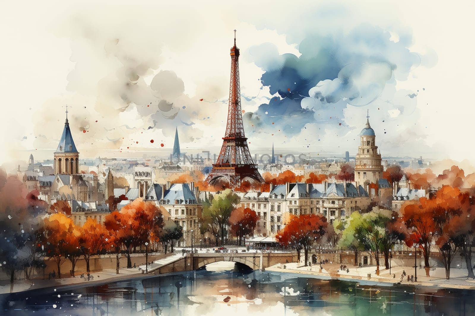 Paris skyline watercolor painting style, created with generative AI
